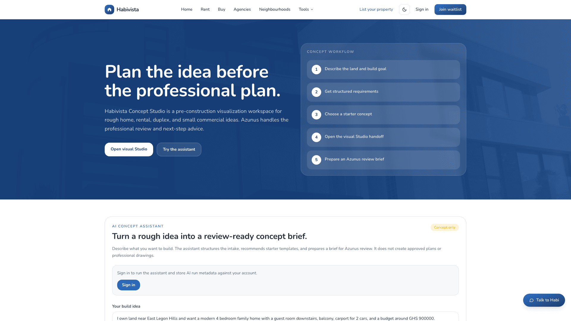 Concept Studio overview page with workflow cards and primary actions