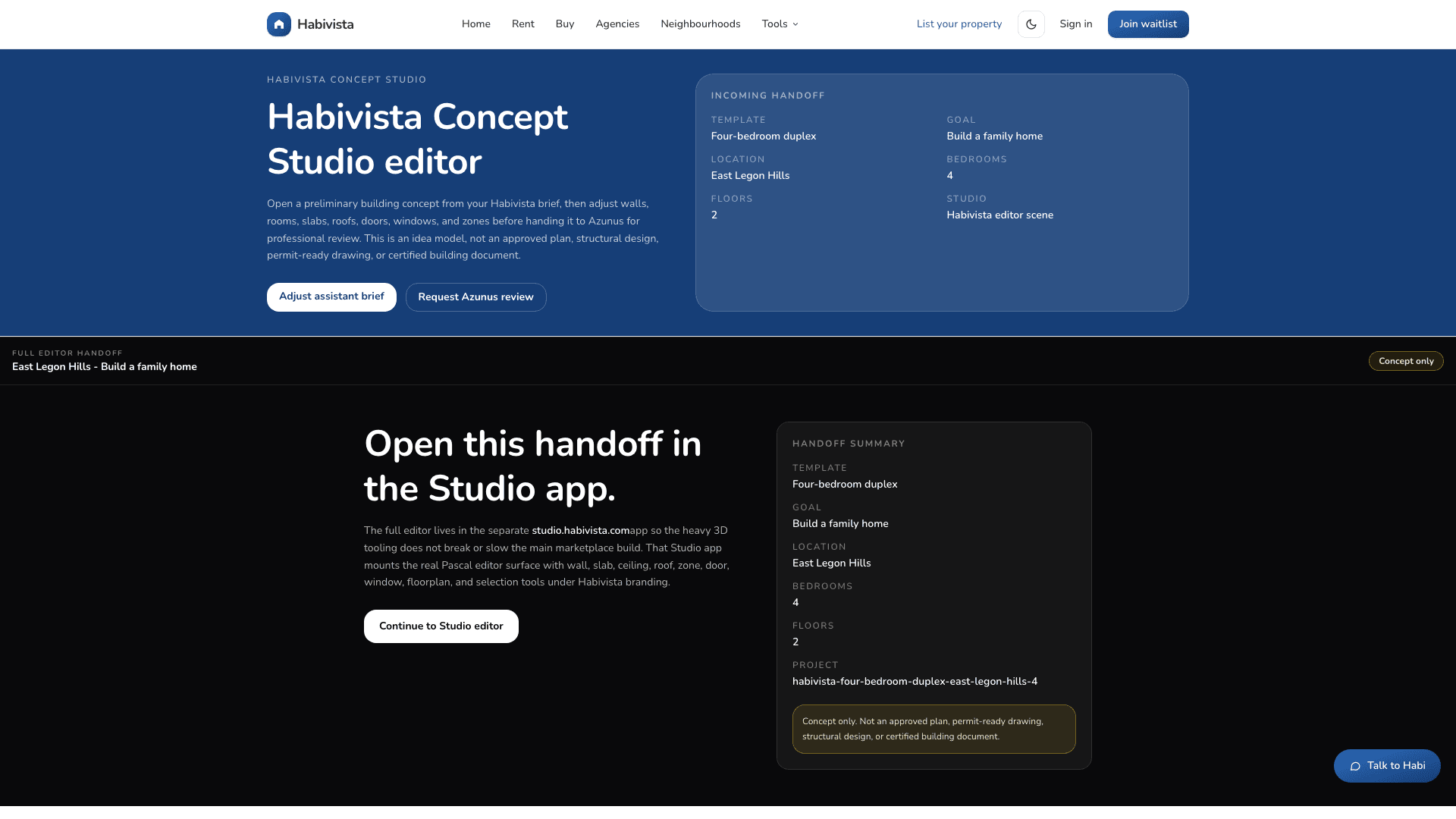 Habivista visual handoff page summarizing a concept before opening Studio